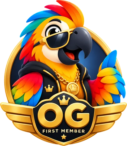 Launch OG-badge: de FLOQ-papegaai met zonnebril, First Member